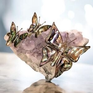 Vintage Sterling Silver MEXICO SIGNED Abalone Butterfly Brooch Earrings Rare Set